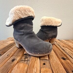UGG Abbie Clog Boots Grey Suede Shearling Lined Wooden Heel Studded Mid Calf